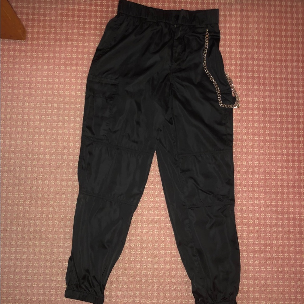 High Waisted Black Satin Joggers with Chain